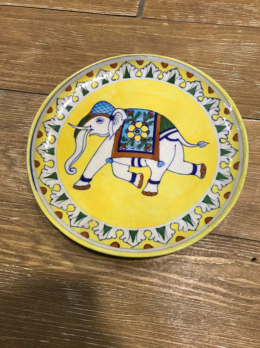 Jaipur Blue Pottery Elephant Plate - Hand-Painted Yellow & White Elephant Art (10 Inch)